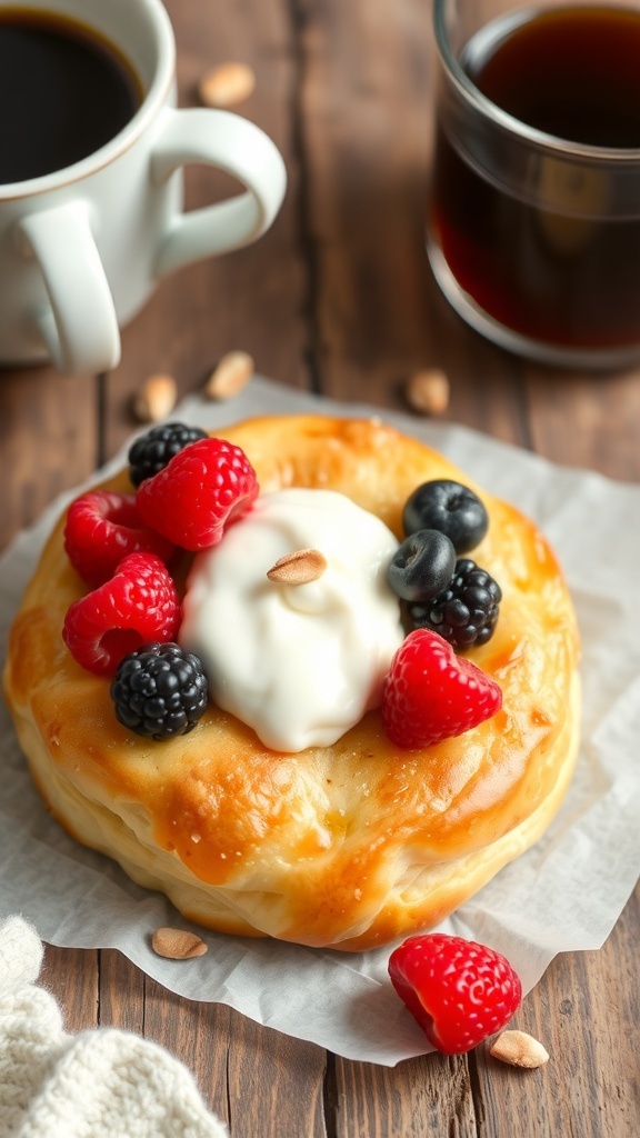 Cloud Bread Danish Recipe Cloud bread danish topped with berries and cream cheese filling on a rustic table.